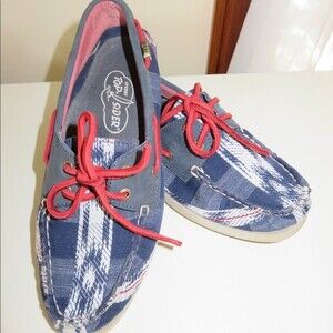 Sperry Boat Shoes Blue White Streaks Red Laces Nautical Womens Size 7.5 USA Prep